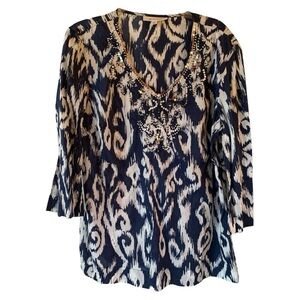 100% Cotton Navy Blue White Tunic Top Sz 12 Beads Sequins JM Collection